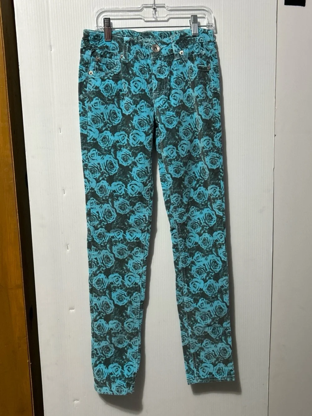 Justice Girls Teal and Black Rose Print Jeans