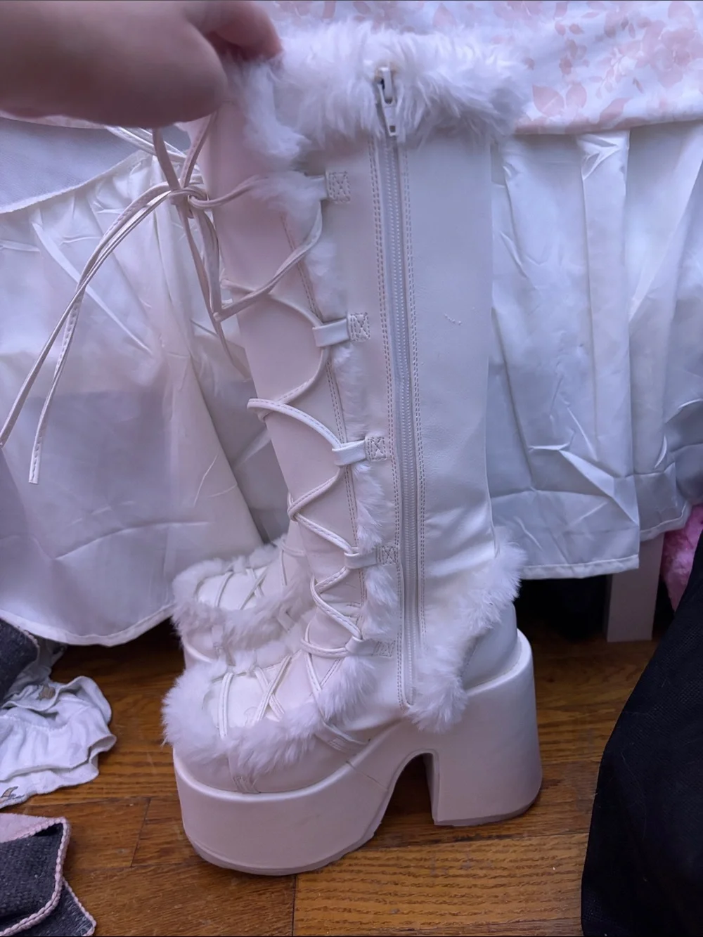 Demonia White Faux-Fur Lace-Up Platform Knee Boots