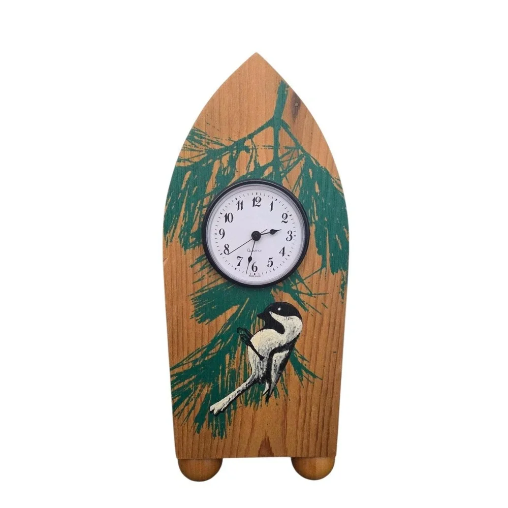 Wooden Clock Handcrafted Alan Buss Chickadee‎ Pine Bough Handcrafted Handpainted