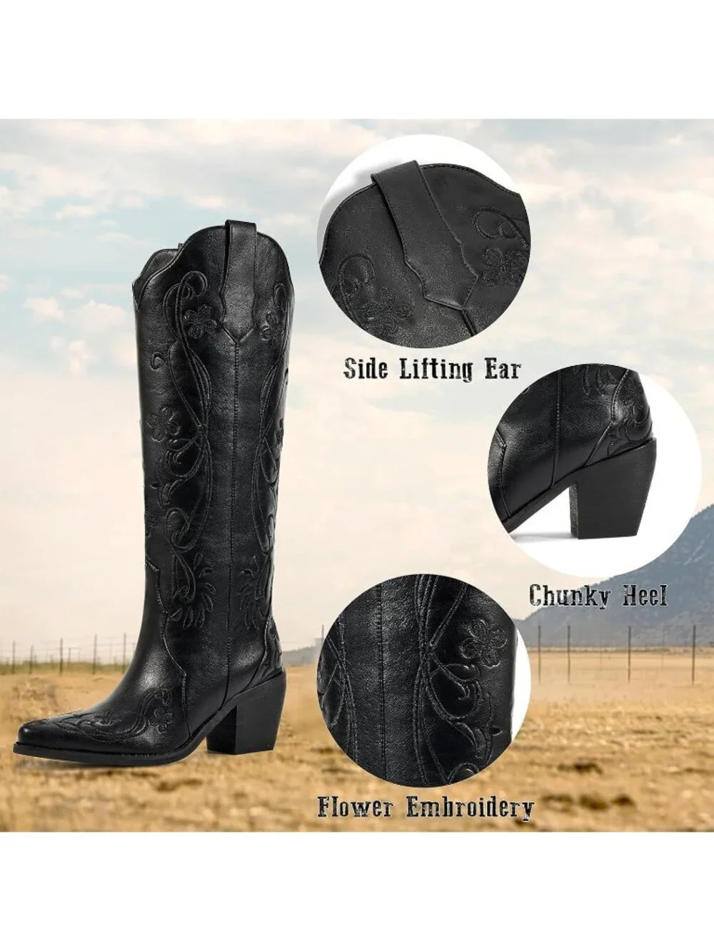 Women's Black Floral Knee High Cowgirl Boots Embroidered Pointed Toe Chunky Heel