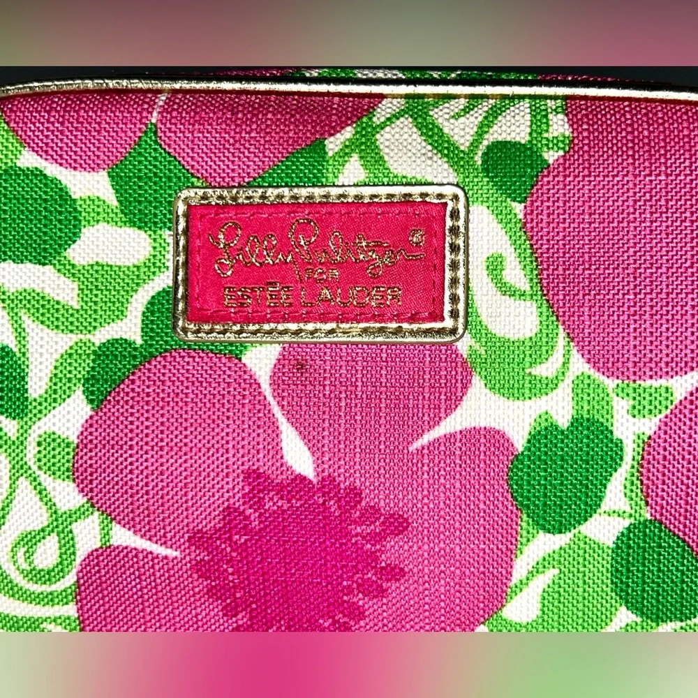 Lilly Pulitzer For Estee Lauder Pink and Green Floral Cosmetic Bag