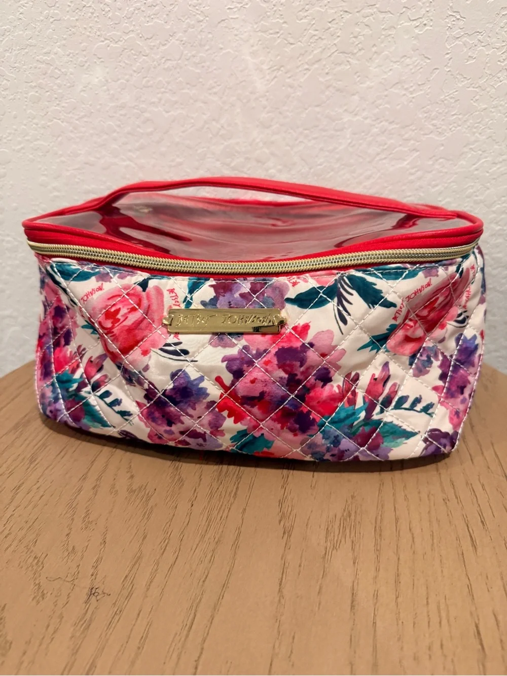 Betsey Johnson Floral Quilted Cosmetic Bag in Red, Pink, Purple, Teal