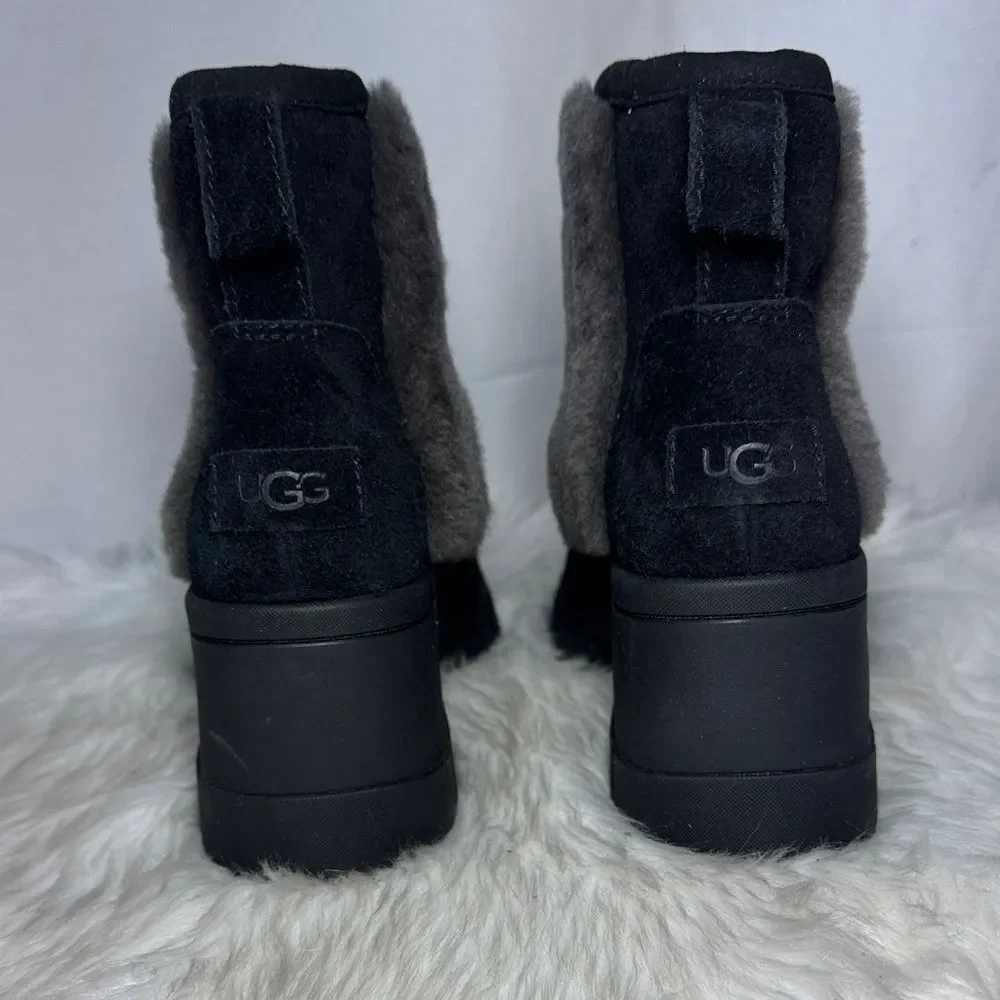 UGG Plush NWOT‎ Brooklyn Sunburst Black/Gray Wool Blend Fur Trim Boot Sz 11