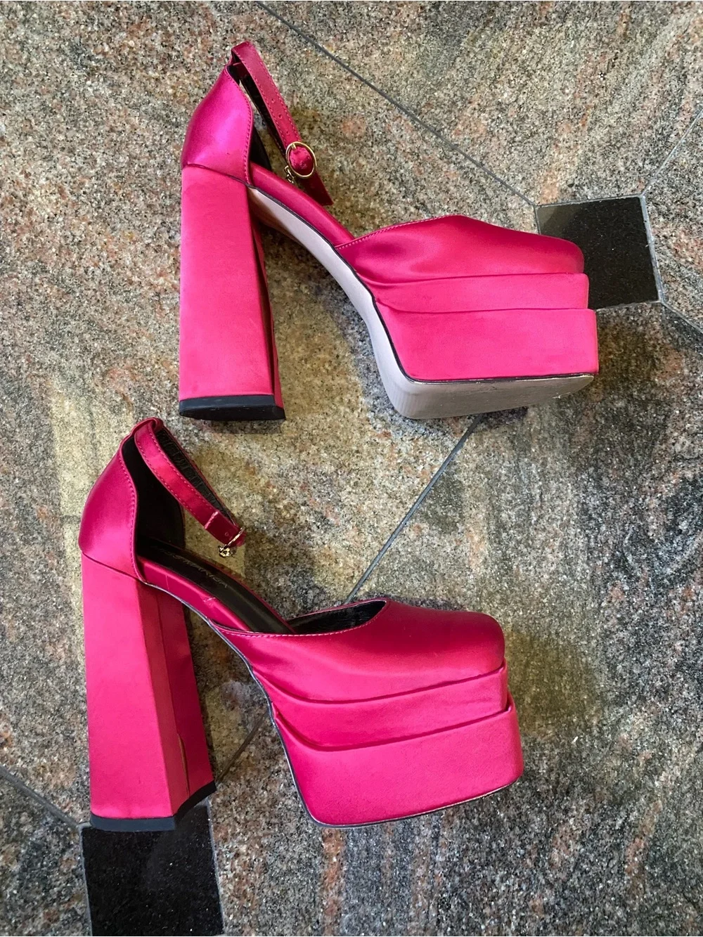 Miss Marisa Fuchsia Satin Platform Block Heel Sandals with Ankle Strap