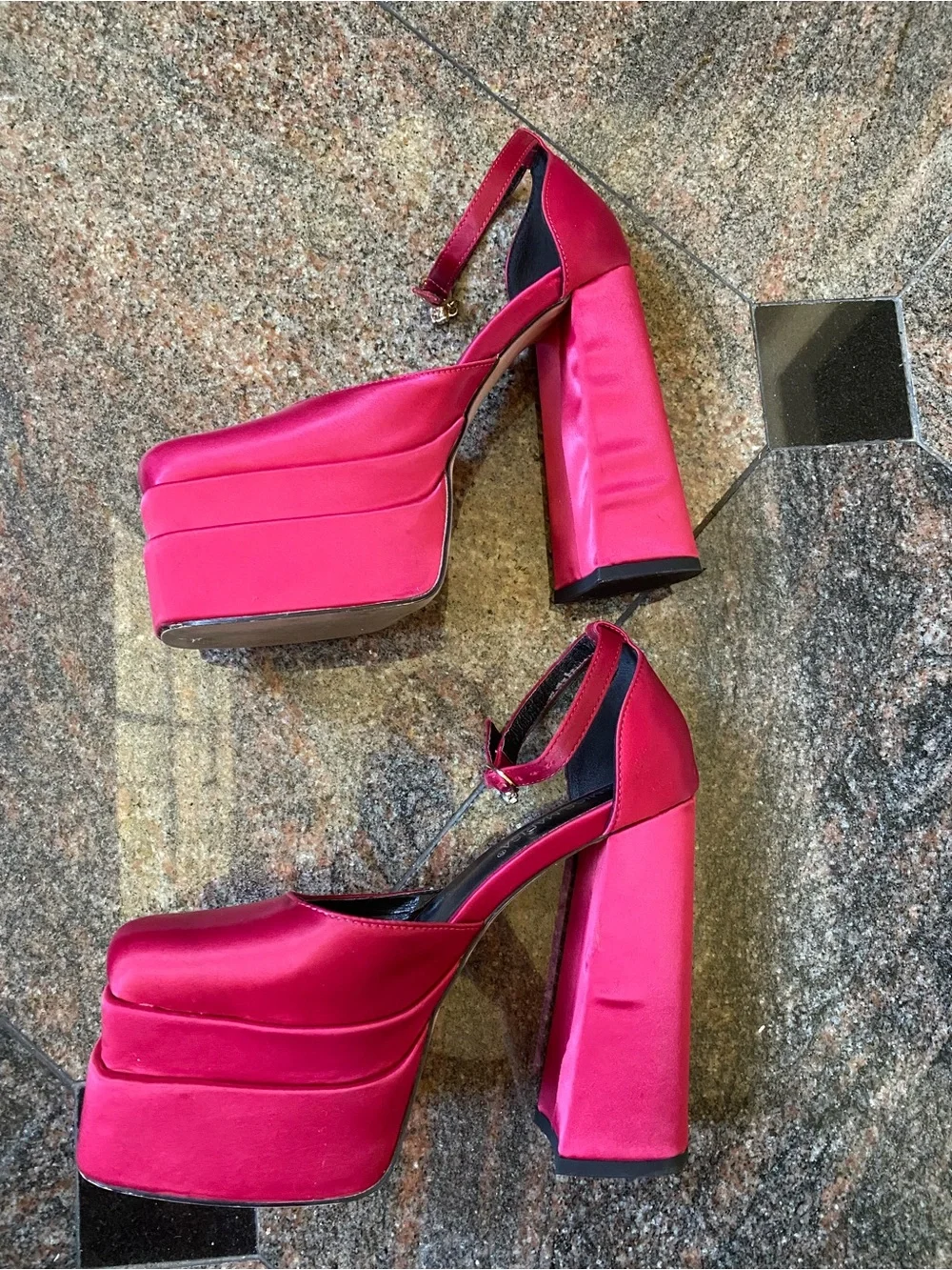 Miss Marisa Fuchsia Satin Platform Block Heel Sandals with Ankle Strap