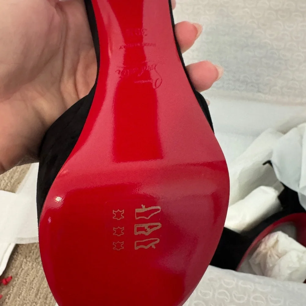 Christian Louboutin Black Suede Platform Peep-Toe Heels with Red Sole