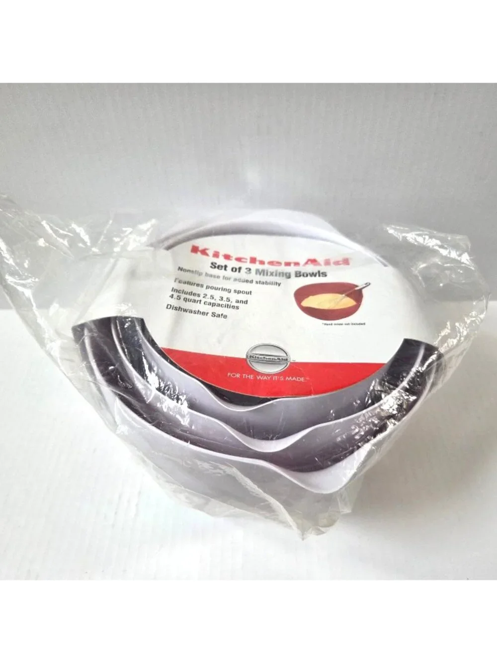 Kitchen Aid Mixing Bowls White Set of 3 2.5qt 3.5qt 4.5qt Nesting Non Slip NEW