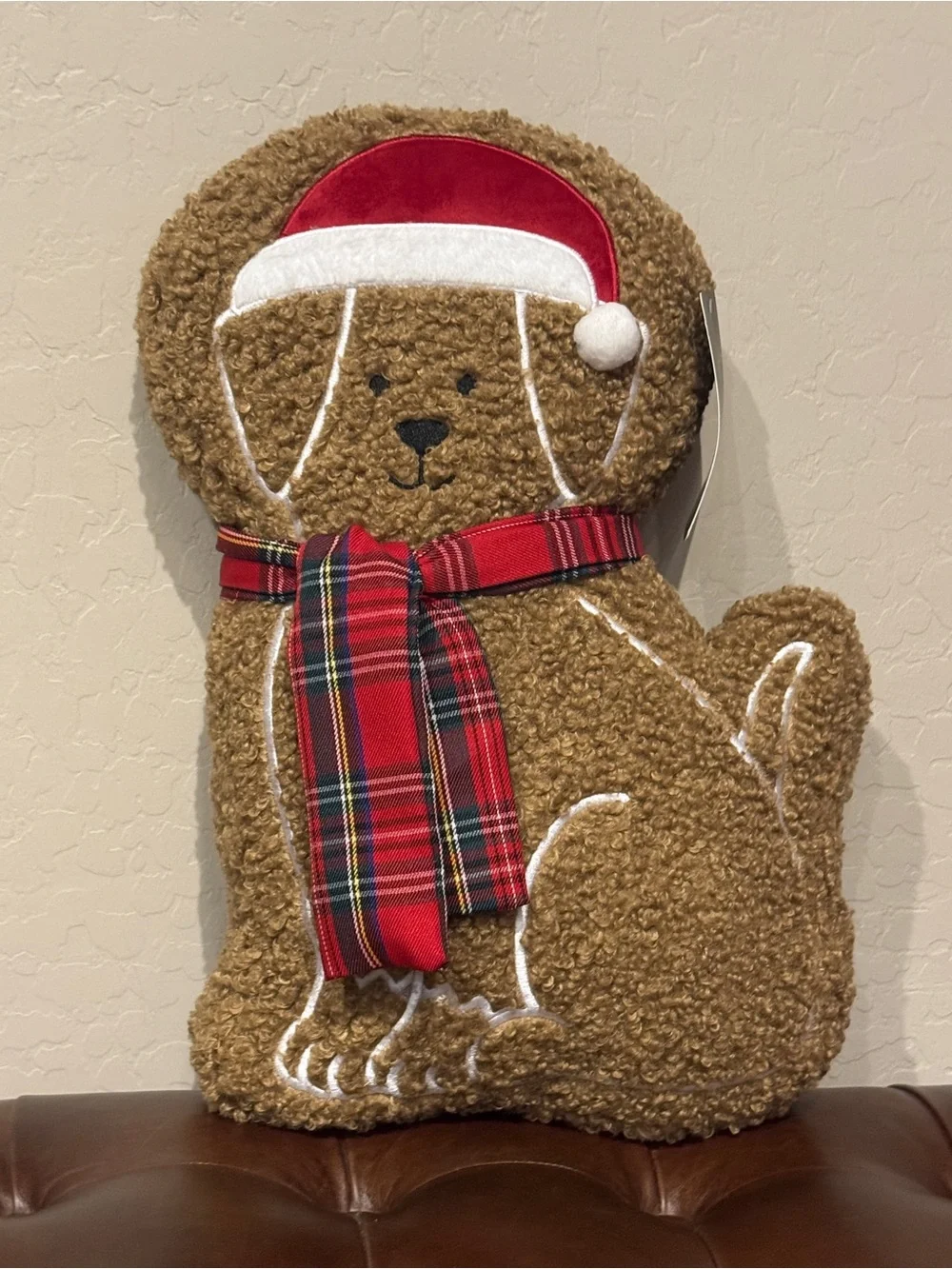 Holiday Plush Dog Pillow with Red Plaid Scarf