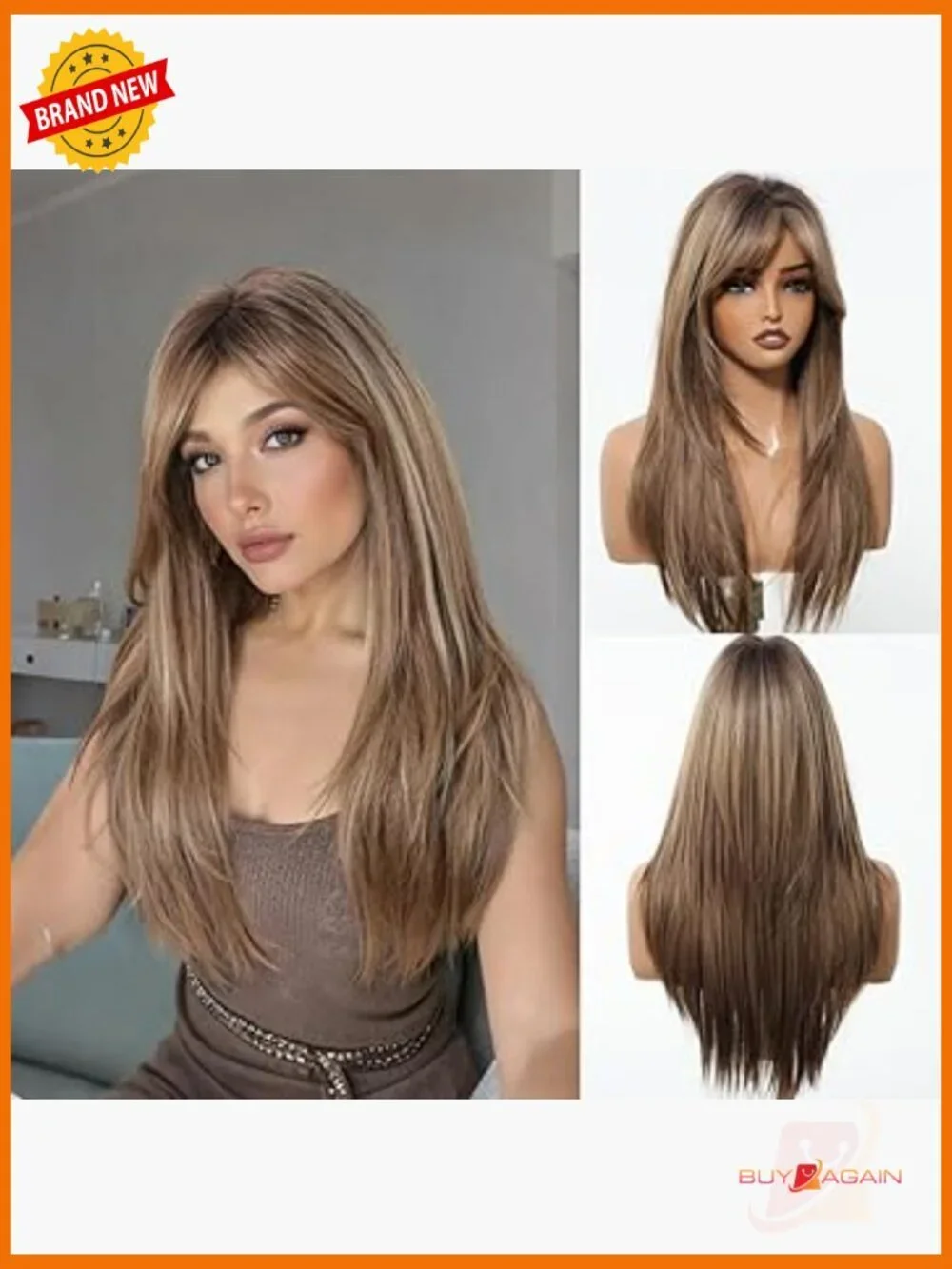 Long Straight Human Hair Wig with Bangs Heat Resistant Natural Look Daily Wear