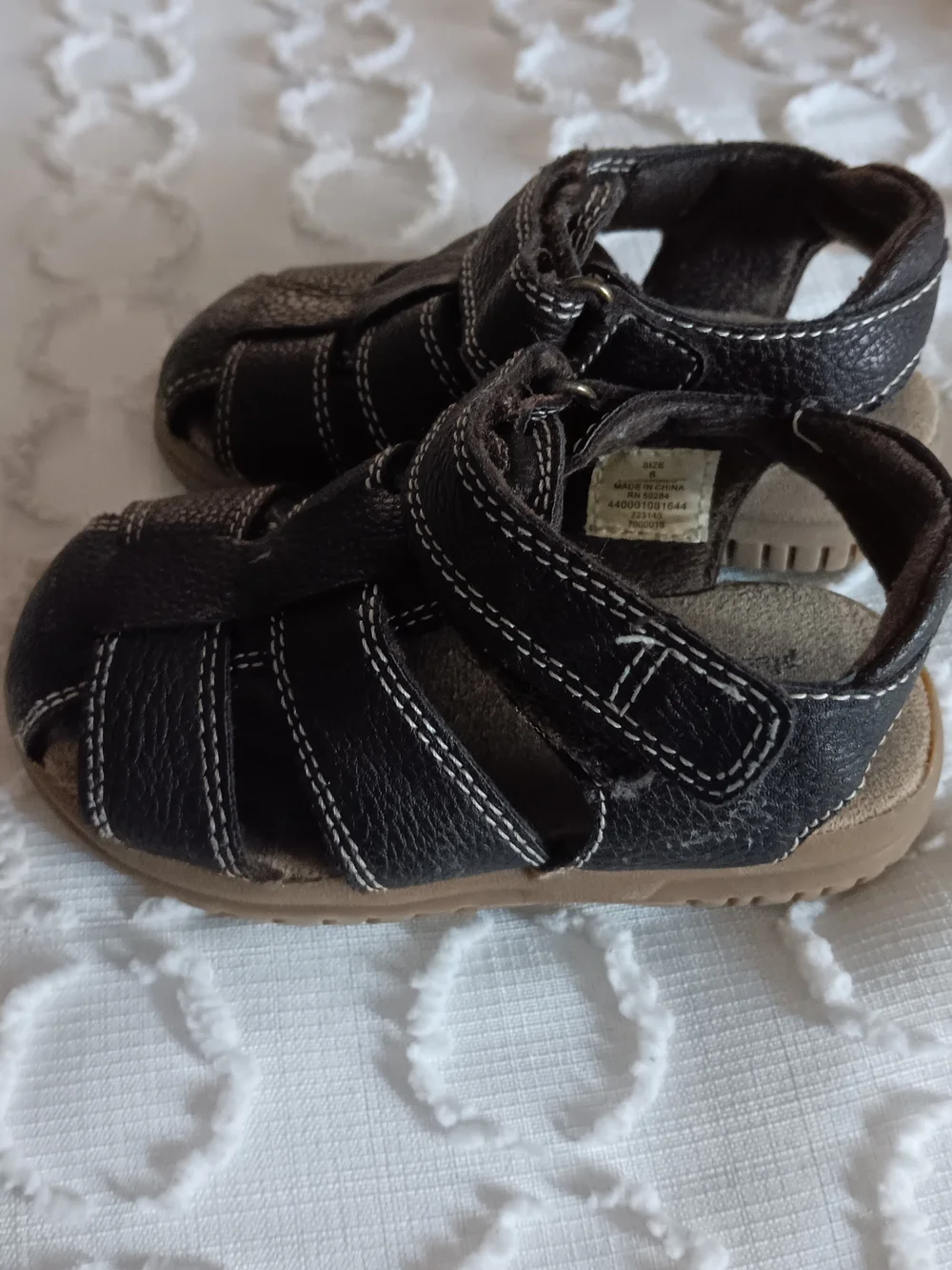 Kids Dark Brown Leather Sandals with White Stitching