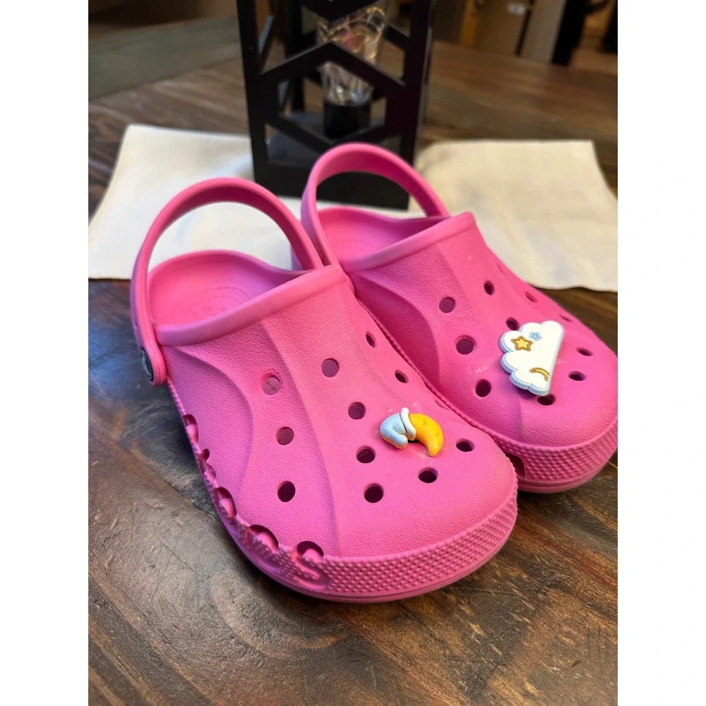 Crocs Kids Baya Clog Pink Celestial Moon Cloud Charms Size J2 Water Shoes Junior