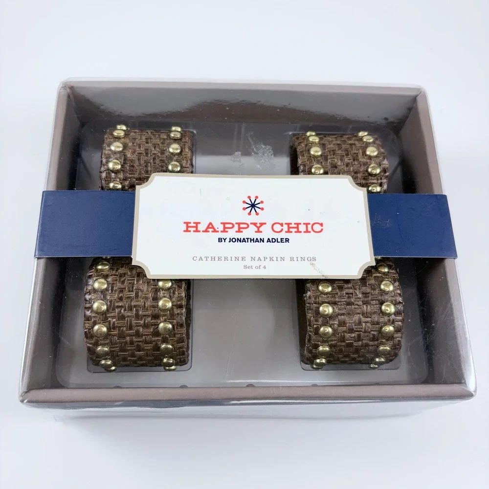 Jonathan Adler Catherine Napkin Rings Set of 4 Happy Chic Brown Woven NEW