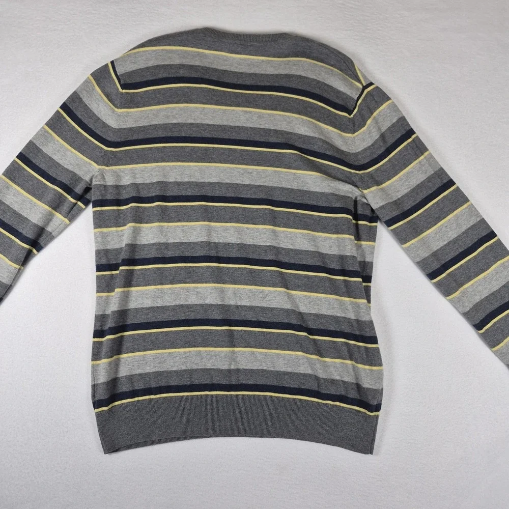 Banana Republic Sweater Men's Large Gray Striped 100% Cotton V-Neck Long Sleeve