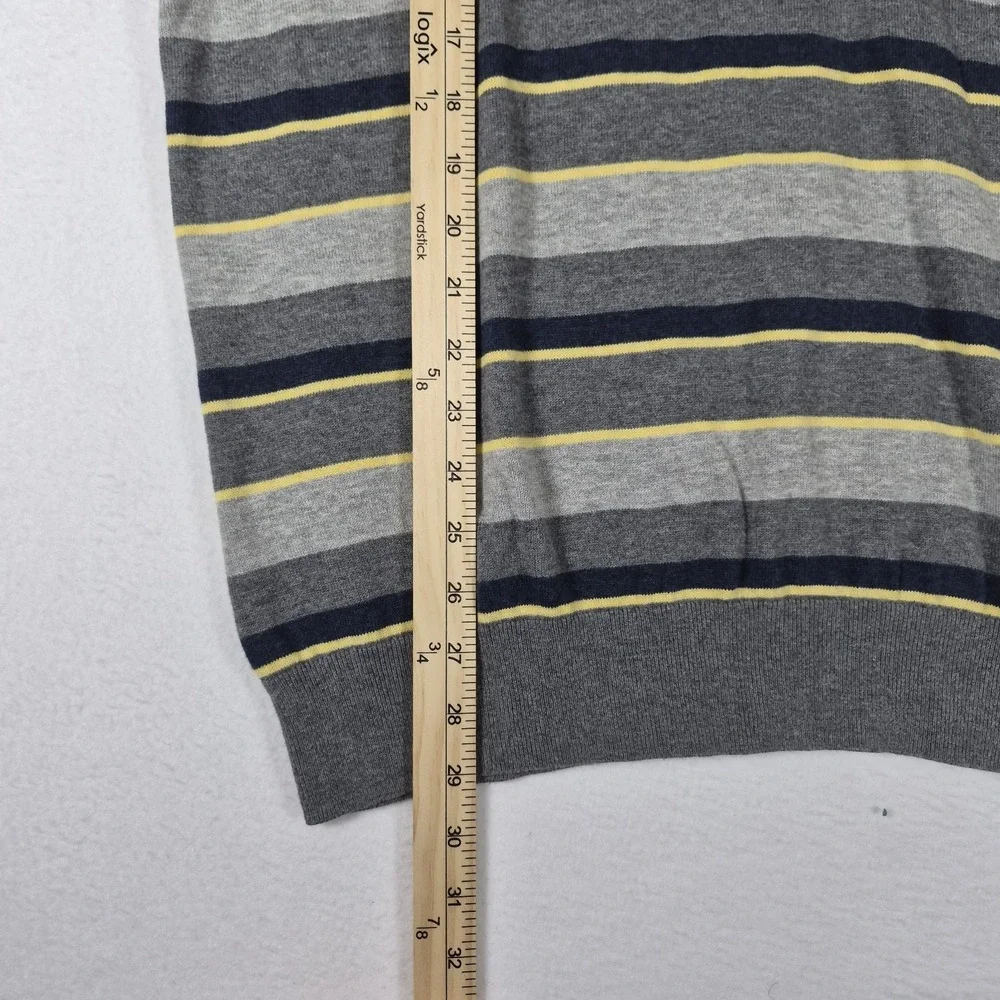 Banana Republic Sweater Men's Large Gray Striped 100% Cotton V-Neck Long Sleeve