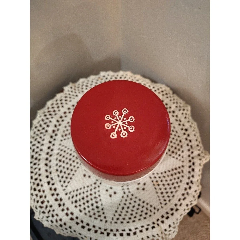 2011 Starbucks Red white Holiday Snowflake Ceramic Coffee Canister 7