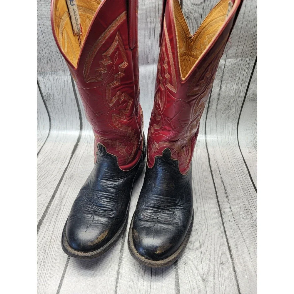 Anderson Bean 2 Tone Black Bullhide Red Cowboy Boots Mens 8.5 EE Western Vtg