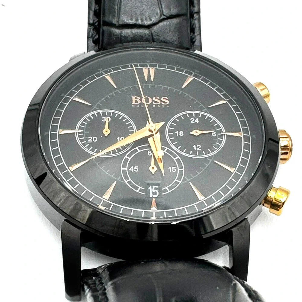 HUGO BOSS Black Gold Dial Watch Croc Embossed Leather Band‎ Water-Resistant Date