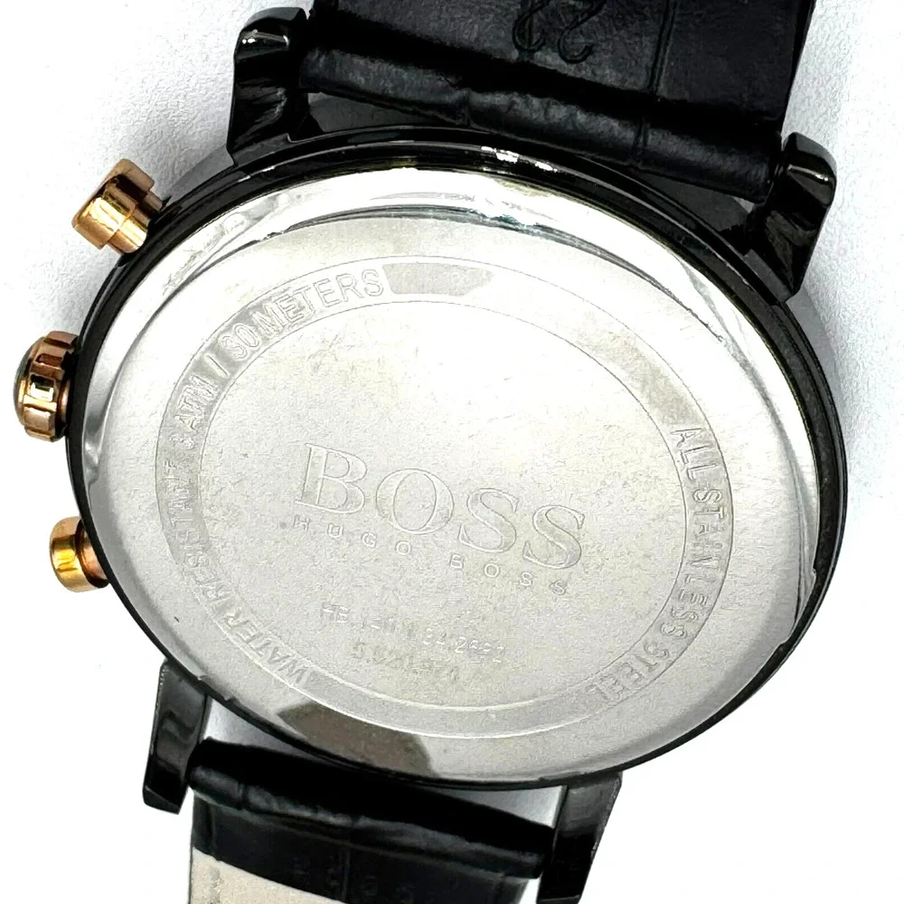 HUGO BOSS Black Gold Dial Watch Croc Embossed Leather Band‎ Water-Resistant Date