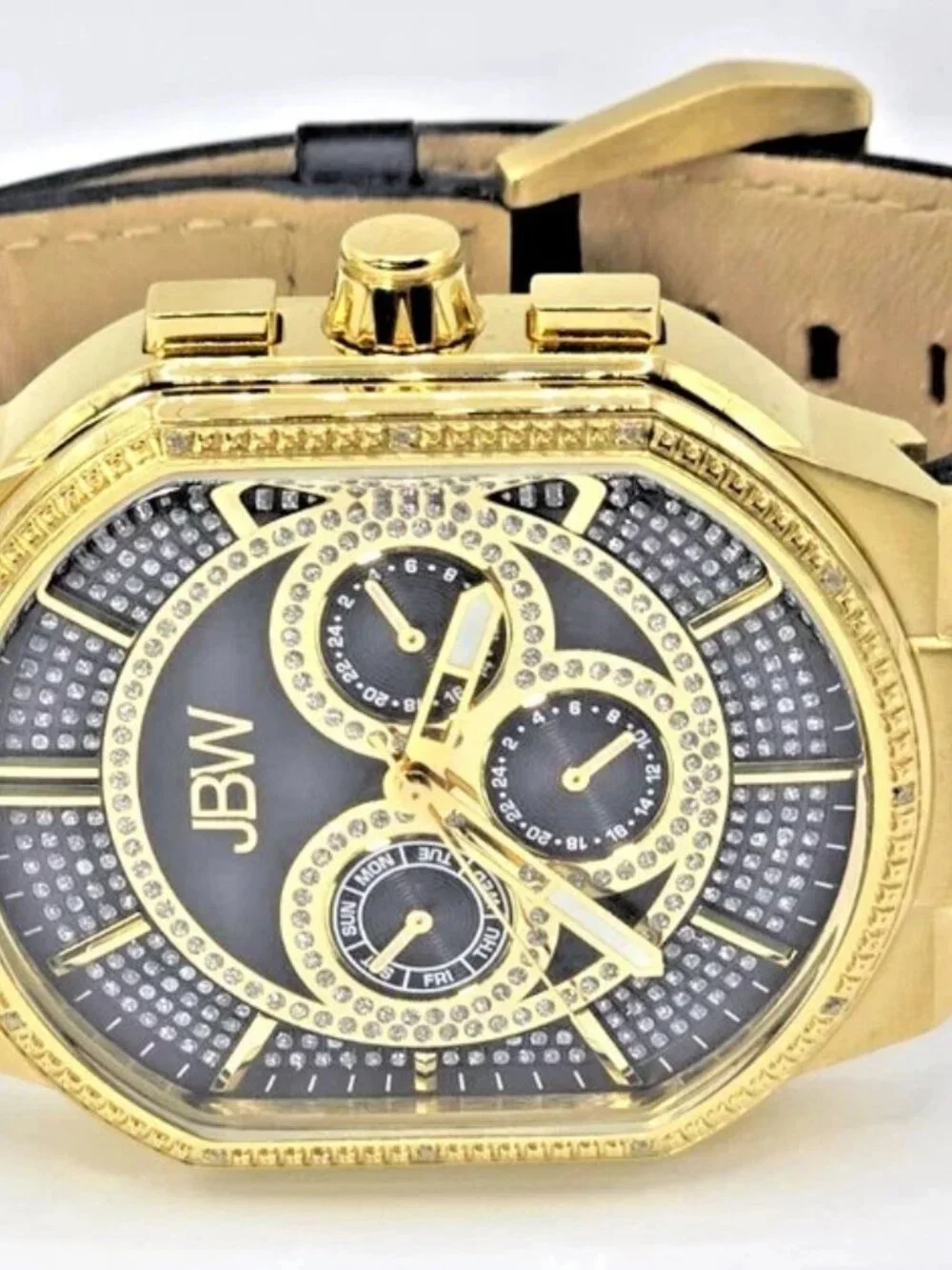 JBW J6342E Mens Gold Tone Chronograph Diamond Bezel Black Leather Watch 44mm