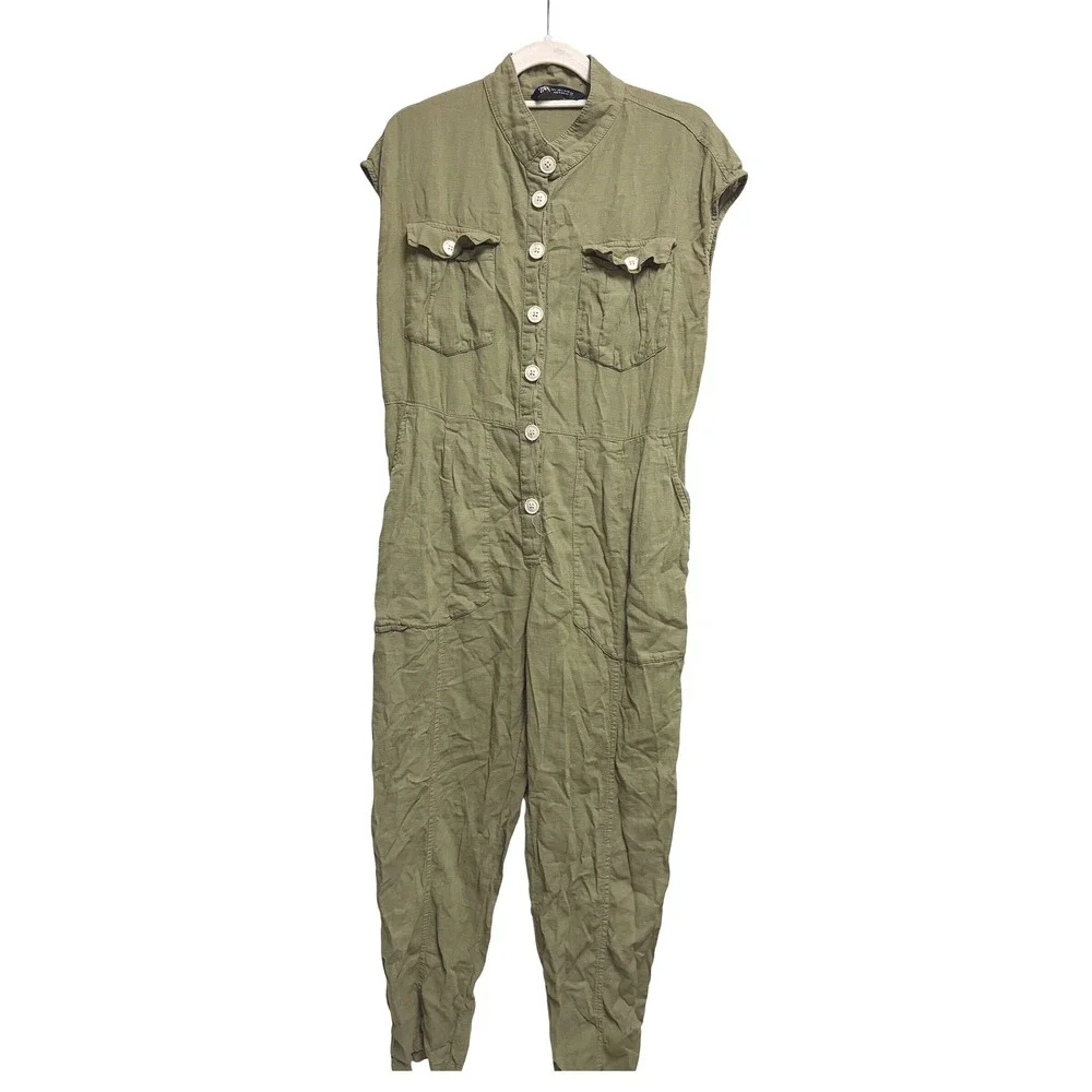 Zara Linen Blend Utility Safari Olive Green Jumpsuit Button Front Cap Sleeve L