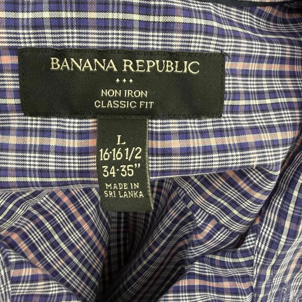 Banana Republic Non Iron Dress Shirt Mens Large Blue / Pink Plaid Classic Fit