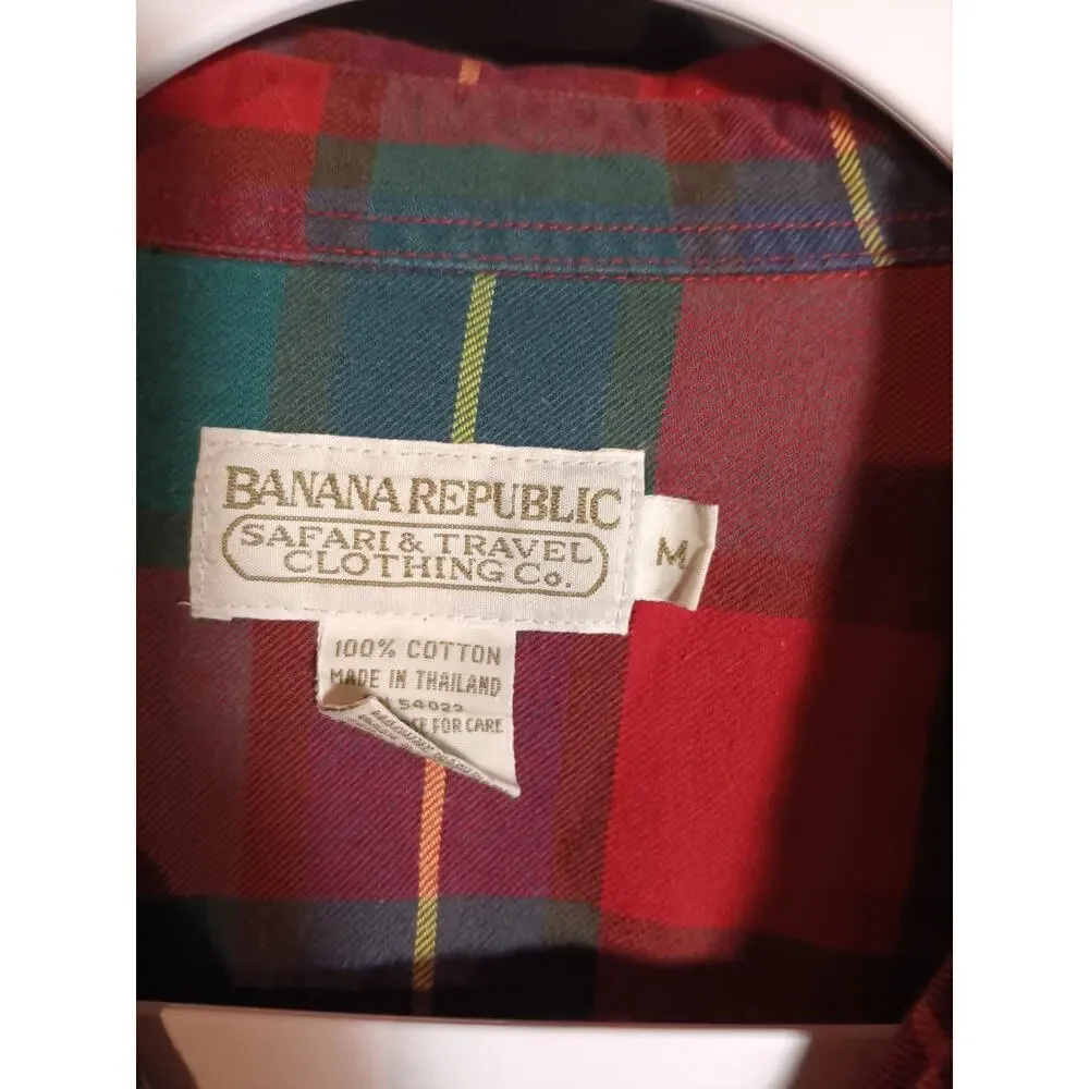 Vintage Banana Republic Mens M Red Green Flannel Shirt 70s 80s VTG Button Up EUC