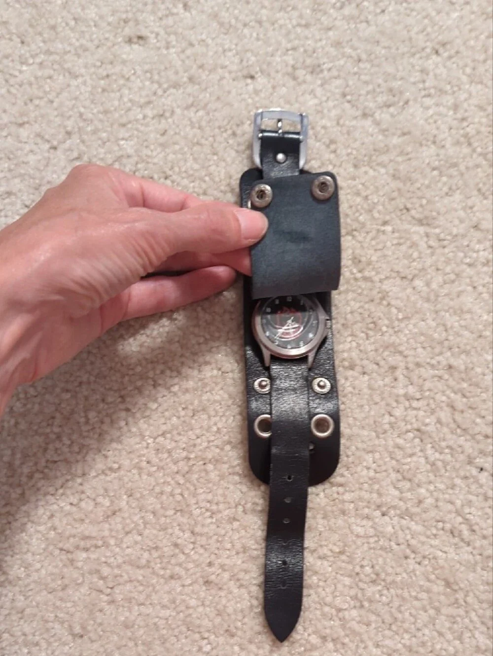Vintage Black Leather Strap Watch with Red Spitfire Flame Logo