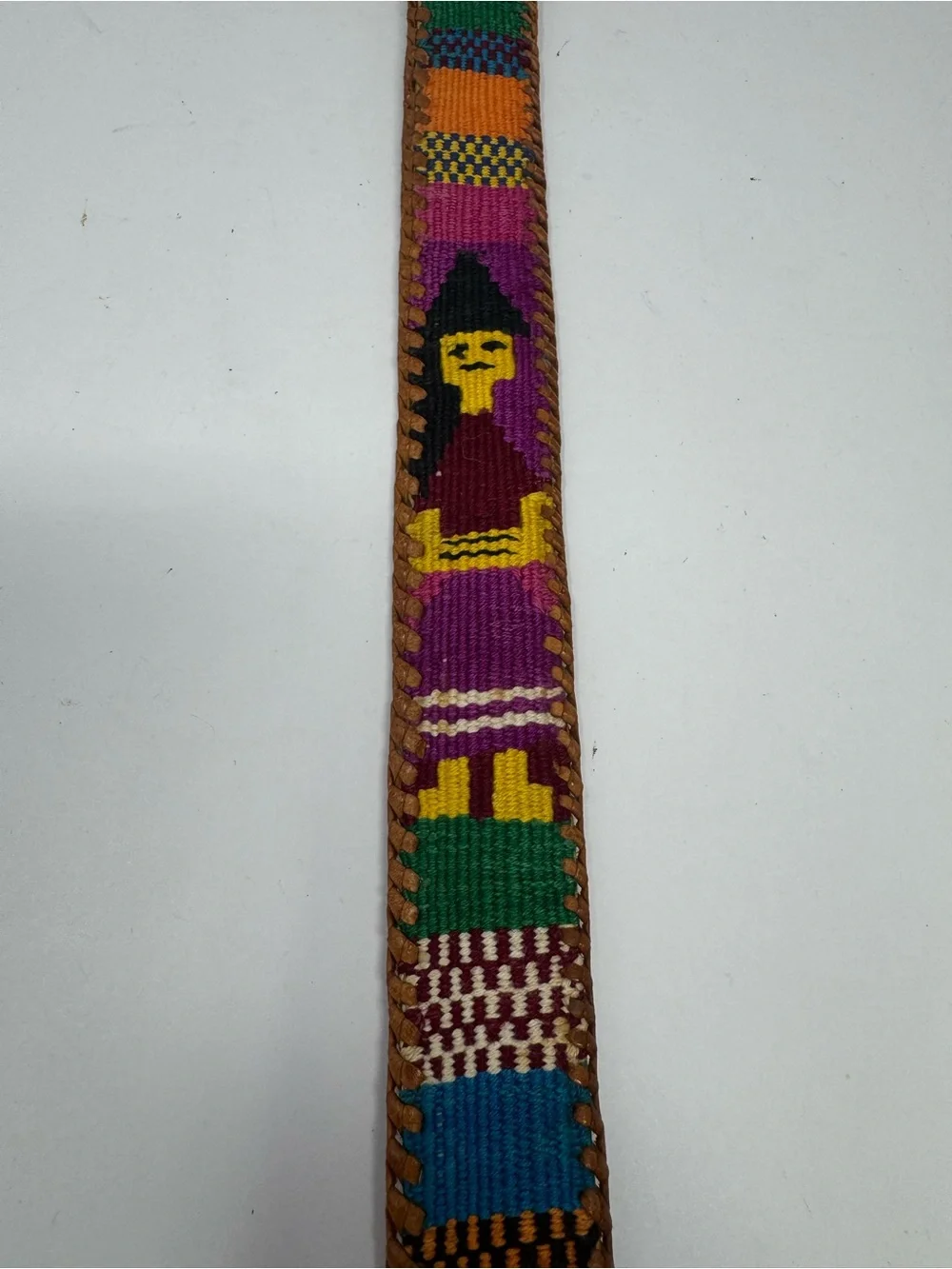 VTG Guatemalan Woven Leather Belt Mayan Figures Folk Art Aztec Size 36” to 42”