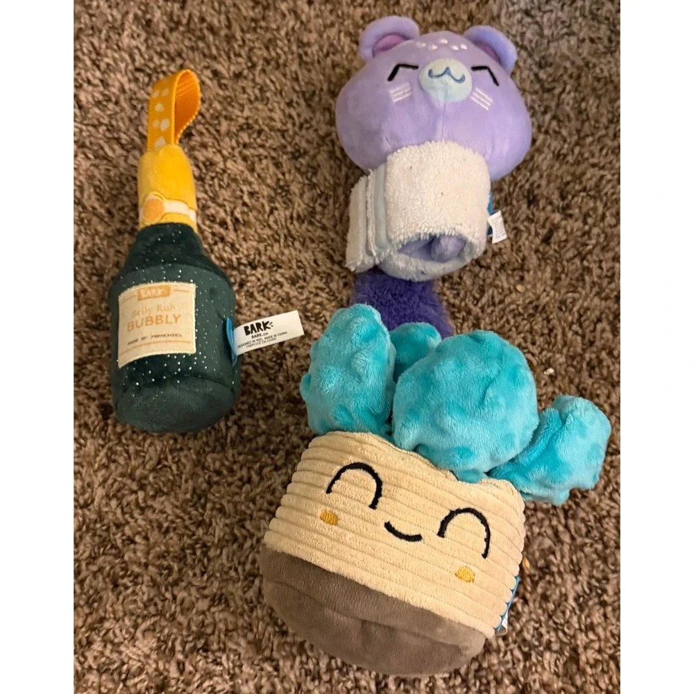 Bark Box- Belly Rubby Bubbly- Relax and Chinchilla, & Squeakulent -Dog Toys