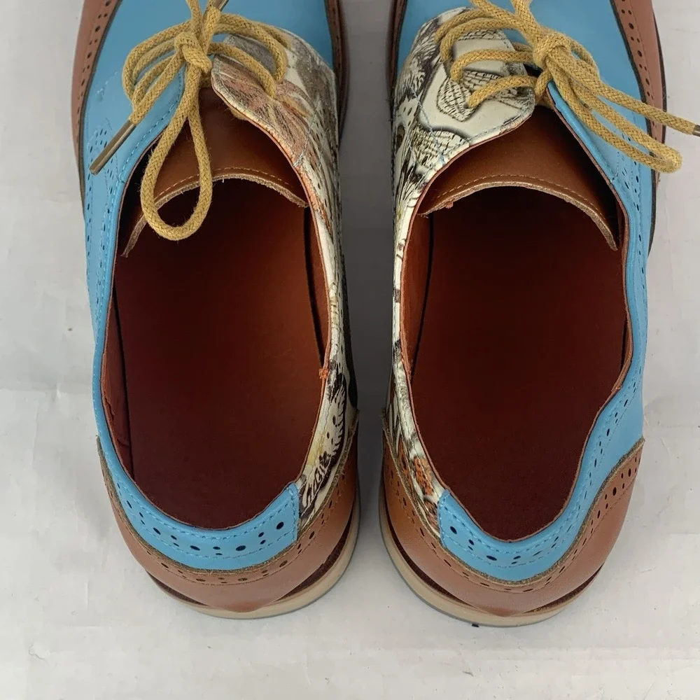 Men's Oxford Wingtip Leather Dress Shoes Baby Blue 2 Tone Floral Sz 10 US 43 EU