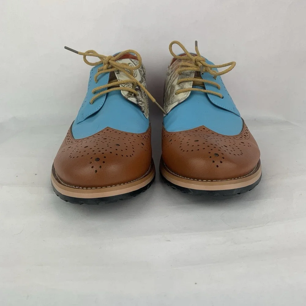Men's Oxford Wingtip Leather Dress Shoes Baby Blue 2 Tone Floral Sz 10 US 43 EU