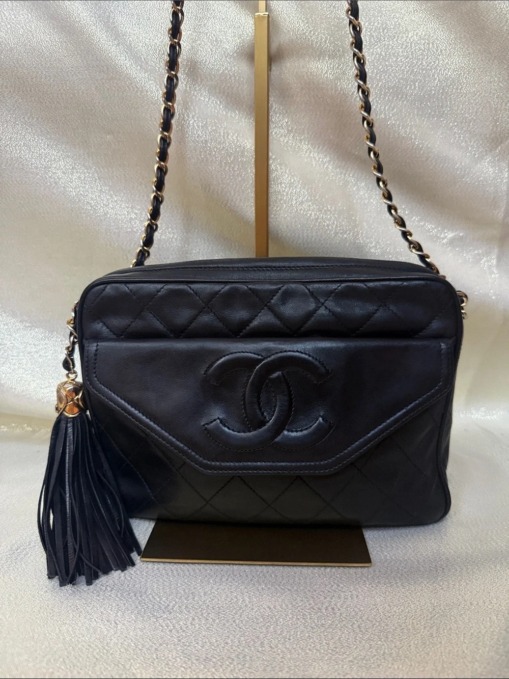 CHANEL Black Quilted Lambskin Shoulder Camera Bag with Tassel Vintage