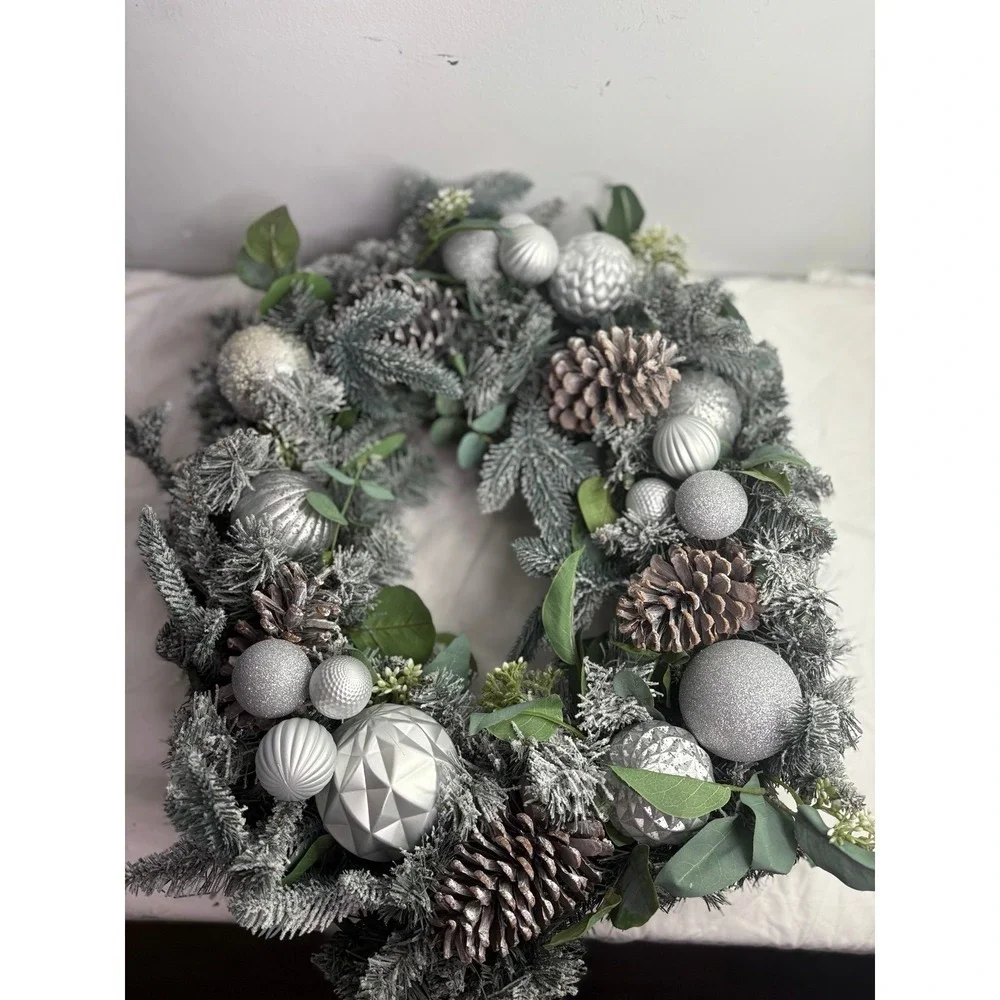 Large frosted  decorated pre lit Artificial Christmas Wreath with Iridescent Orn