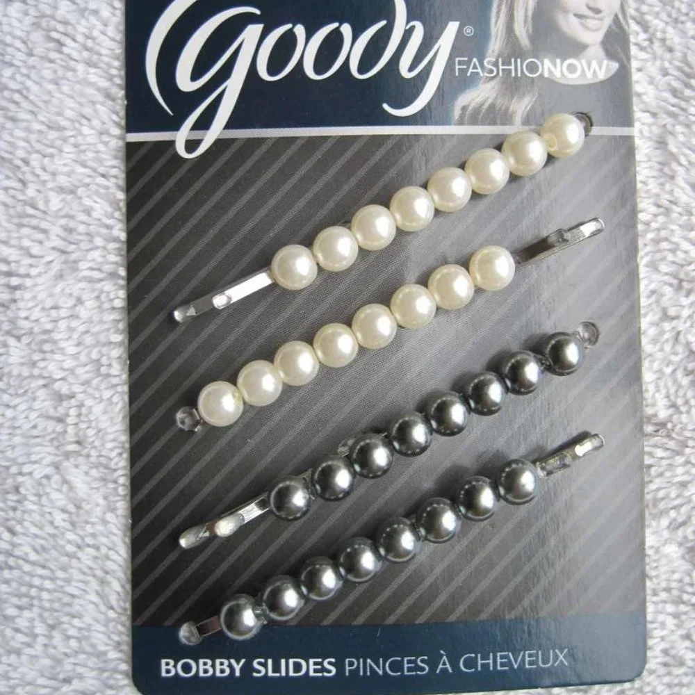 4 Goody Fashionow Luxe Shiny White Pearl Beaded Bobby Slide Hair Pins Ball Tips