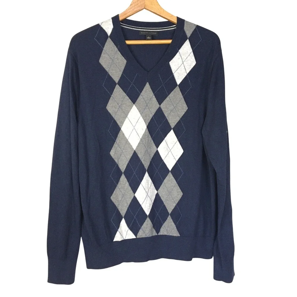 Banana Republic Cashmere Cotton Blend‎ Men's Navy Argyle V-Neck Sweater Size L