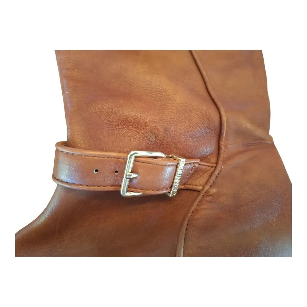 Gianni Bini Leather Knee High Riding Boots Cognac Brown Gold Buckles women's 6M