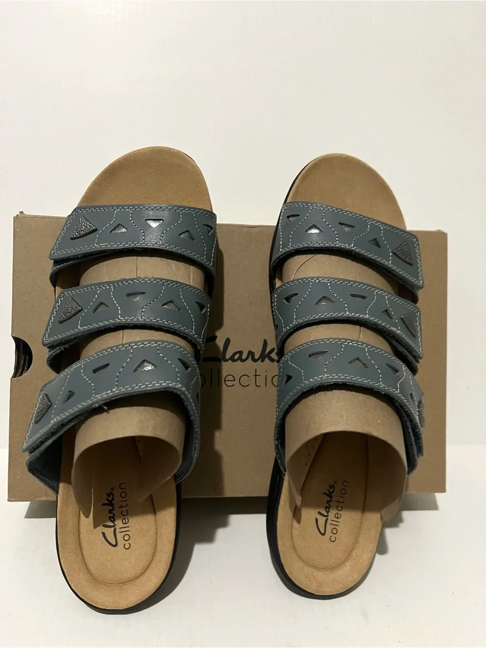 Clarks Laurieann Nora Sandals in Blue/Gray Leather.