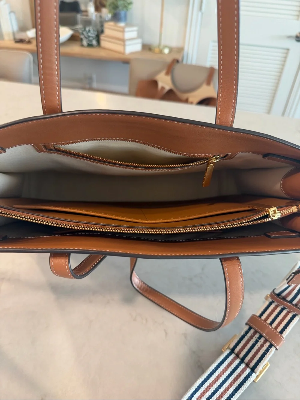 Tory Burch Neutral Canvas Tote with Tan Leather Trim and Striped Strap