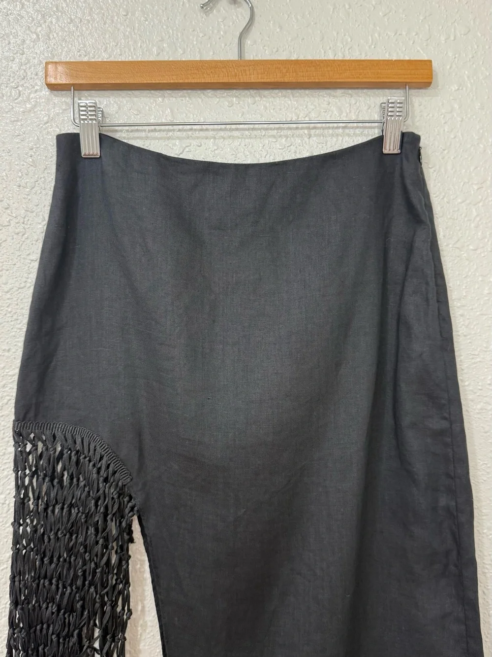 ZARA Black High Waist Fringed Linen Midi Skirt Size XS Bloggers Fave Holiday