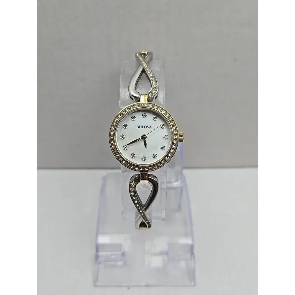 Bulova Womens Crystal Two Tone Bracelet Watch White MOP Dial New Battery Quartz