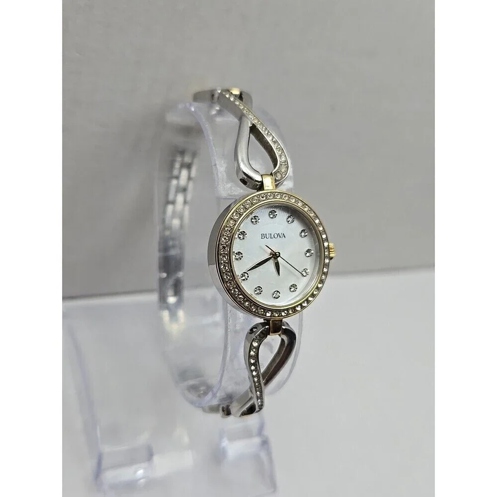Bulova Womens Crystal Two Tone Bracelet Watch White MOP Dial New Battery Quartz