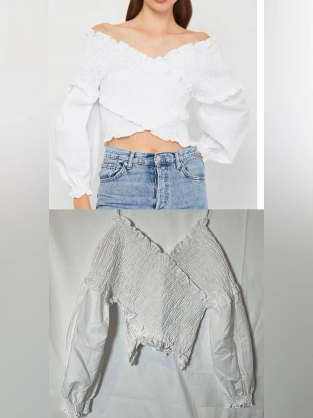 Zara White Smocked Off-Shoulder Wrap Crop Top