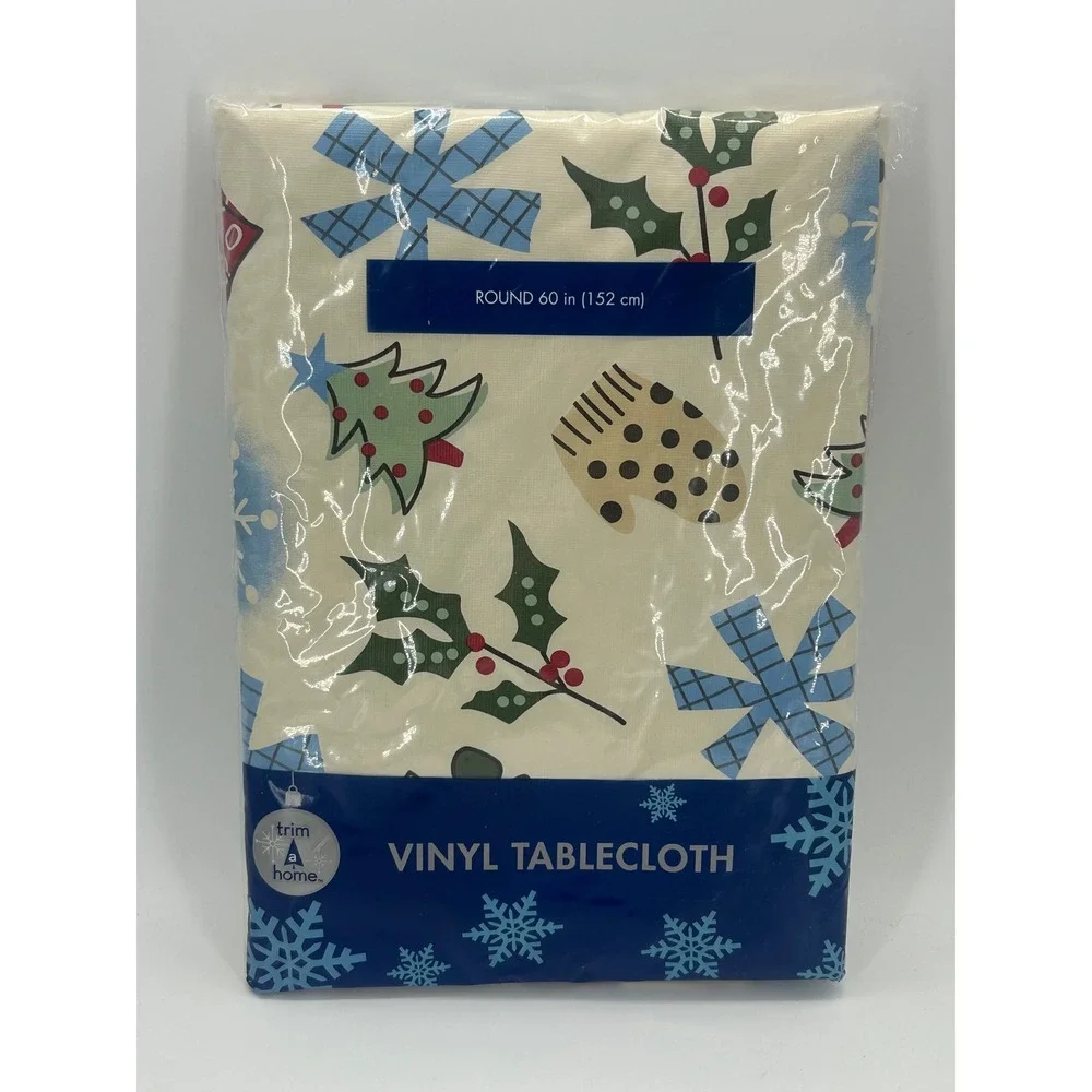 VTG Kmart Country Holiday Christmas Vinyl Tablecloth Round 60
