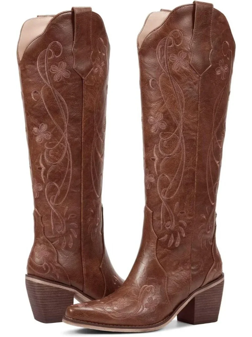 Women's Brown Floral Knee High Cowgirl Boots Embroidered Pointed Toe Chunky Heel
