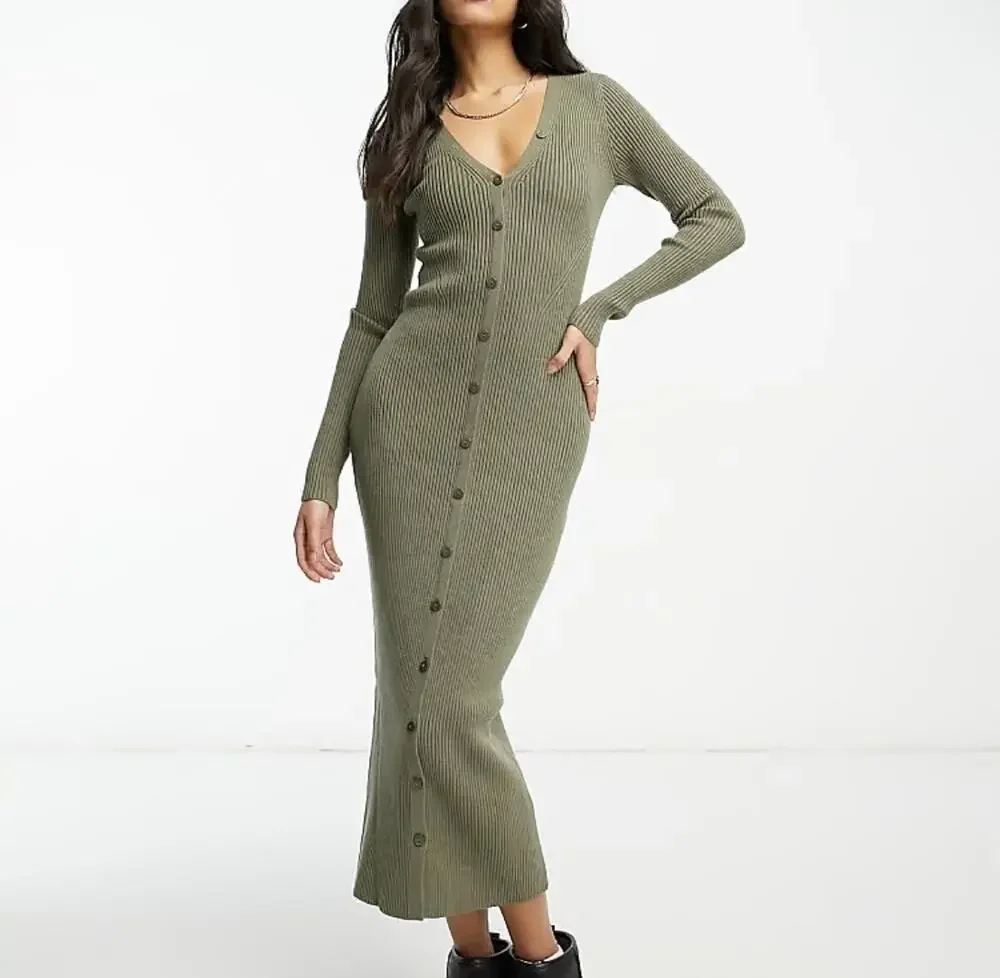 New Abercrombie & Fitch Button Front Ribbed Maxi Sweater Dress Olive Green Small