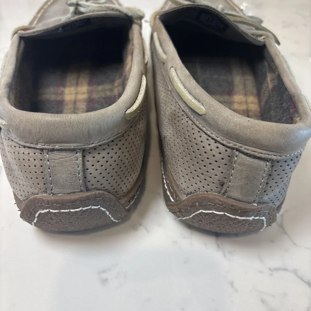 LL Bean Gray Leather SlipOn Flannel Lined‎ Handsewn Slippers Rubber Sole SZ 10M