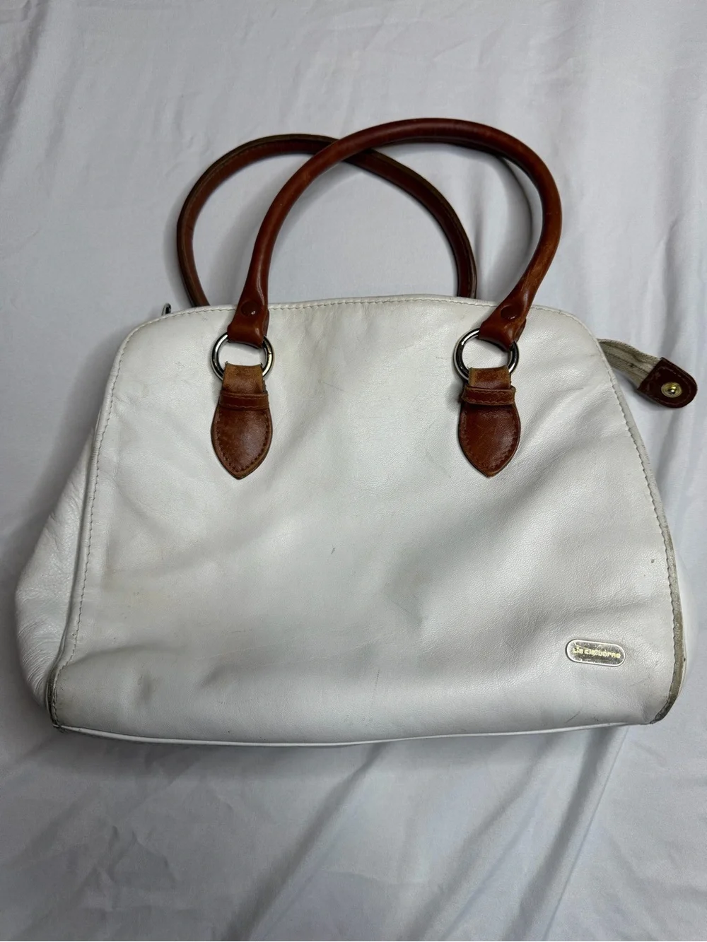 Liz Claiborne Genuine Leather White Satchel Brown Handle Shoulder Purse Bag