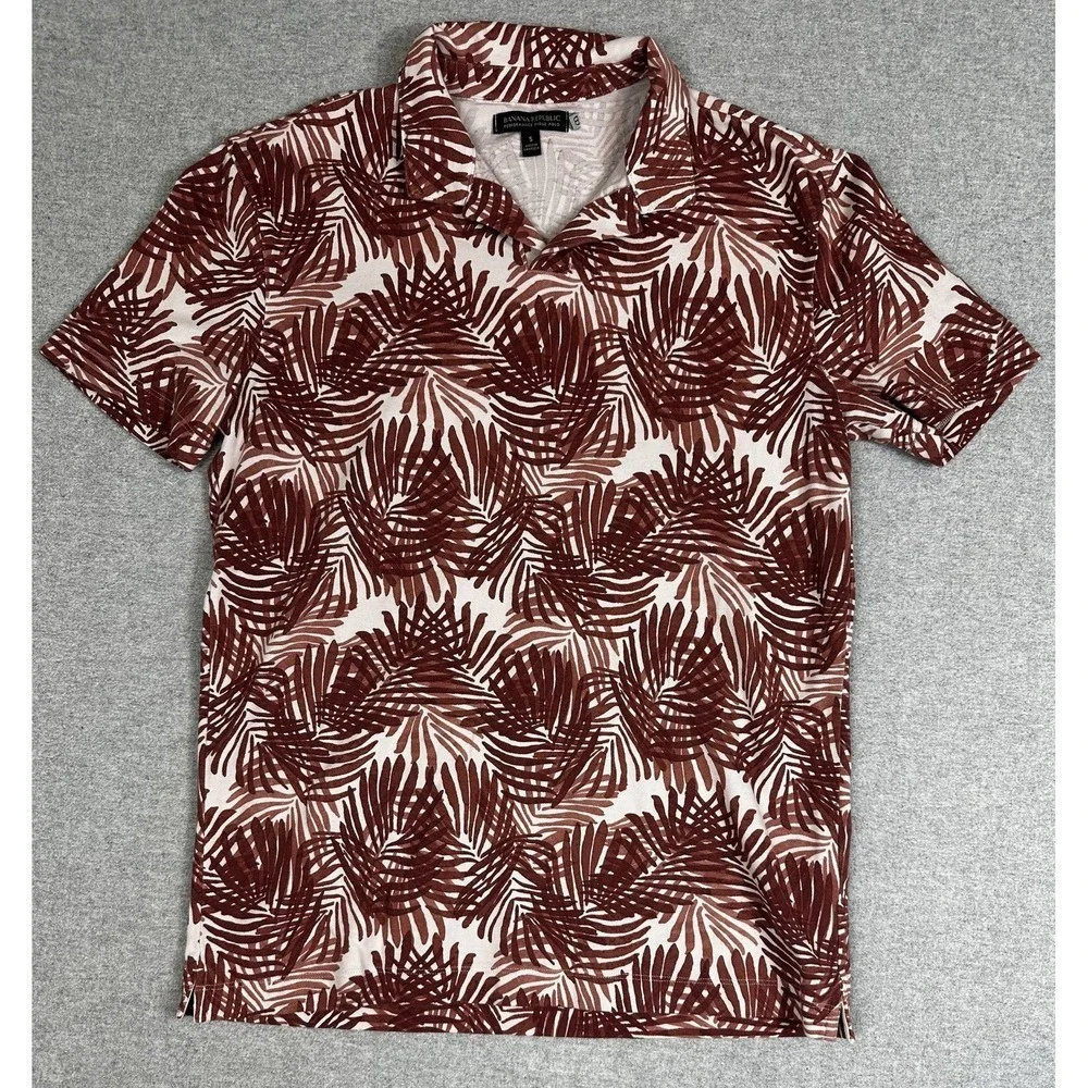 Banana Republic Polo Shirt Mens Small Brown Palm Leaf‎ Performance Pique Stretch