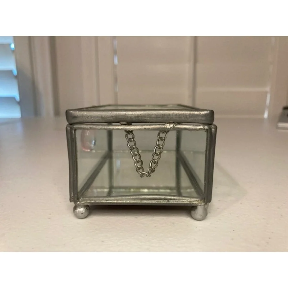Vtg Glass Lidded Footed Box With Pressed Dried Flowers 4.5x2.75x2 Intl Silver Co