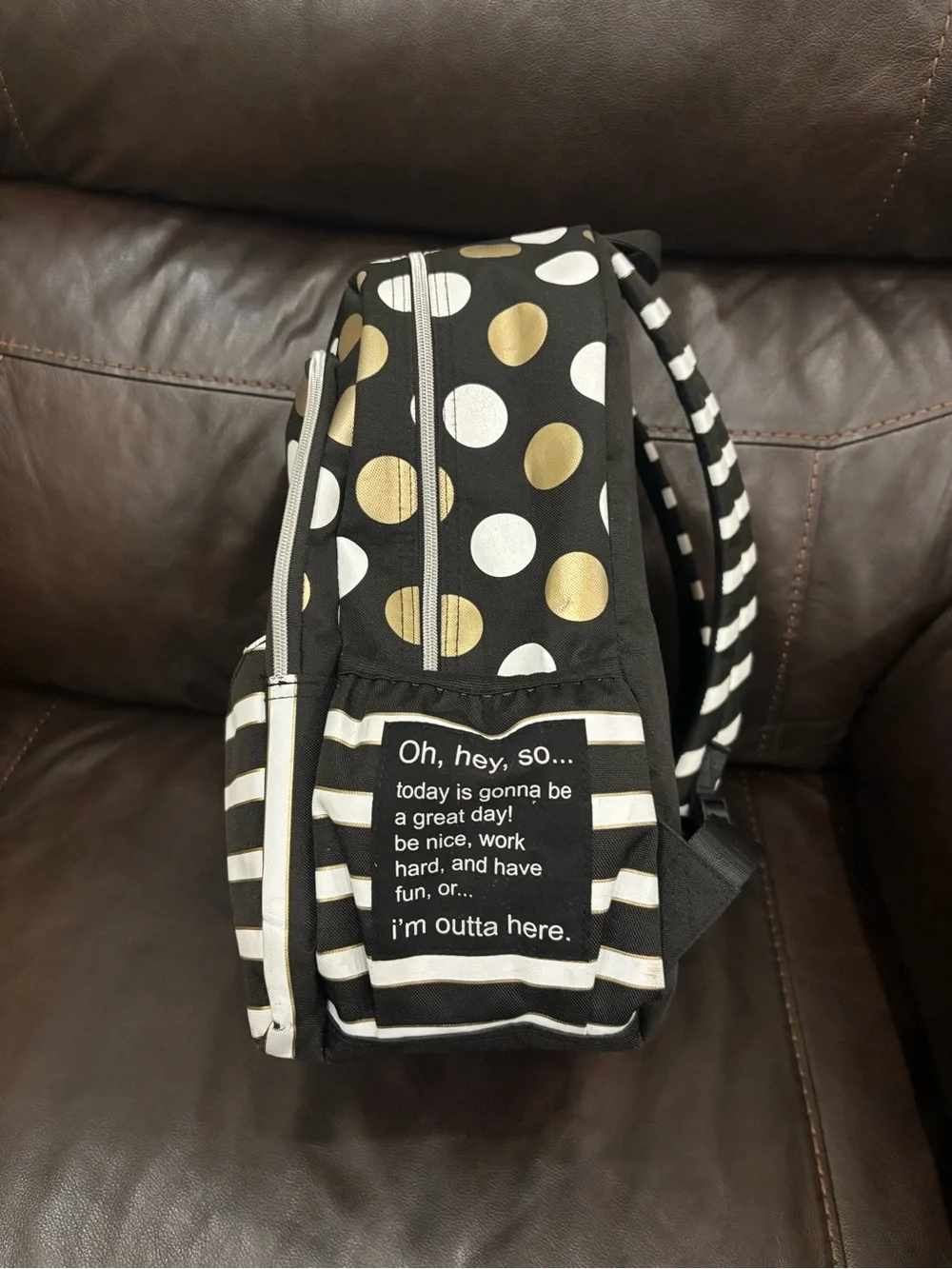 Justice Black Backpack with White and Gold Polka Dots & Stripes